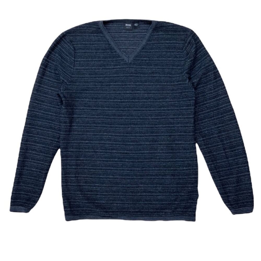 Boss Hugo Boss Striped Wool Sweater Slim Fit Size XL Gray